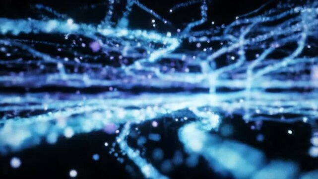 Wide immersive video of an evolving digital neural network with luminous electric blue, purple, and white lines forming fractal patterns in a deep black cybernetic void, tracking video a data stream,