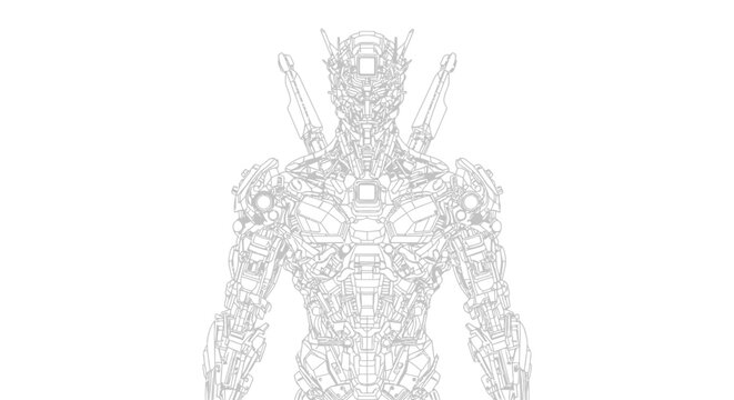 Intricate robot design on a white background for technology and science concepts