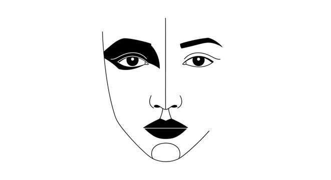 Minimalist line art portrait of a face with contrasting makeup