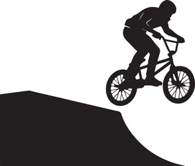Naklejka premium Silhouette of bmx rider in air, performing stunt on ramp