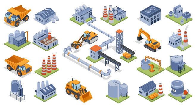 Isometric construction and factory equipment icons set.