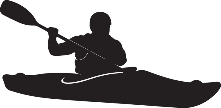 Silhouette of kayaker paddling, black on white background