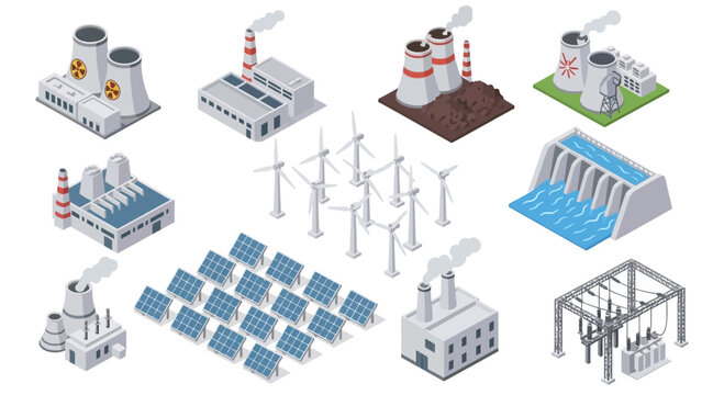 Isometric energy generation and power plant icons set.