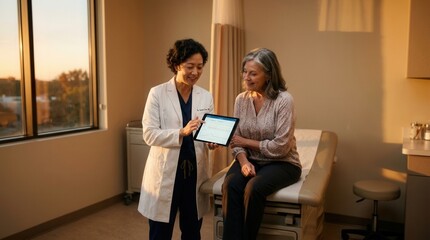 Fototapeta premium Medical Consultation: Doctor Explains Results on Tablet to a Patient During Exam