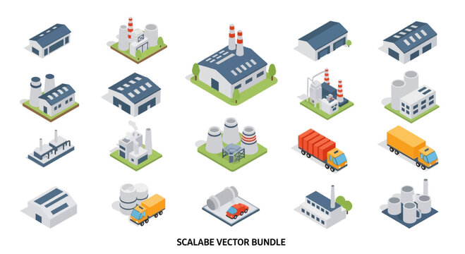 Isometric Industrial Factory Building Icon Set.