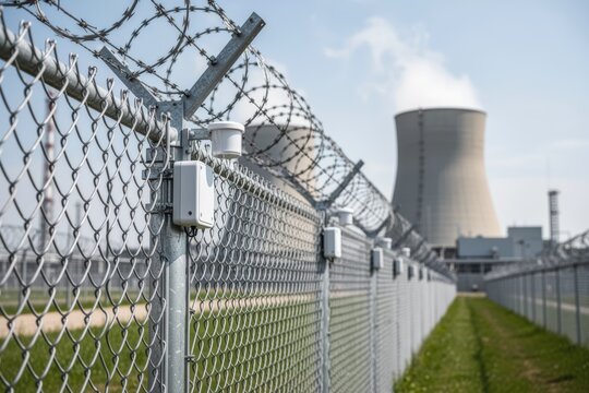 Chain link fence with barbed wire securing nuclear power plant perimeter
