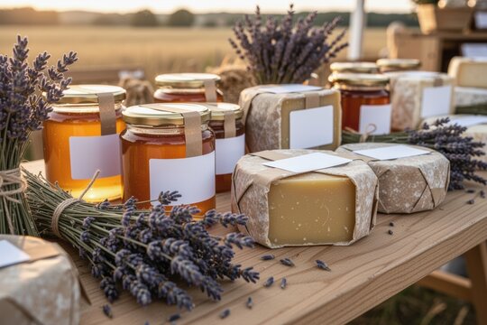 Jars of honey and wrapped artisan soaps on a wooden market table with lavender
