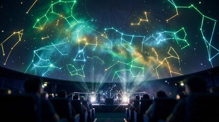 Fototapeta premium Audience watching vibrant constellation projections on planetarium dome. Immersive starry sky simulation with glowing stars
