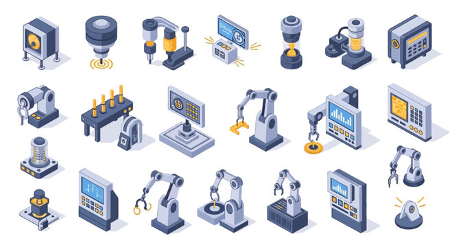 Isometric Industrial Robot Automation Machinery Icon Set.