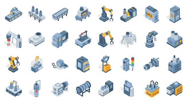 Isometric Industrial Robotics Automation Icons Set.
