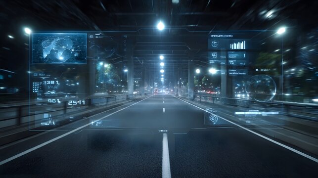 A futuristic view of a highway incorporating sophisticated data overlays and digital interfaces
