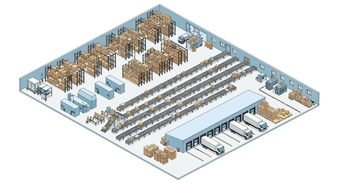 Isometric warehouse interior shelving pallets forklifts and loading docks.