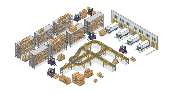 Isometric Warehouse Logistics Conveyor Shelving System.