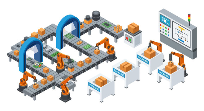 Orange Robotic Arms On Automated Assembly Line.