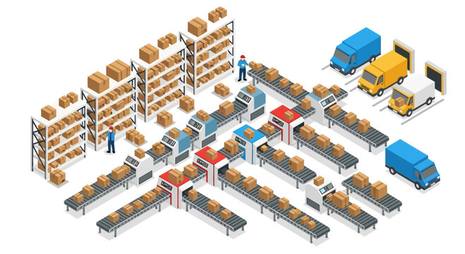 Warehouse conveyor packing and sorting operation scene.