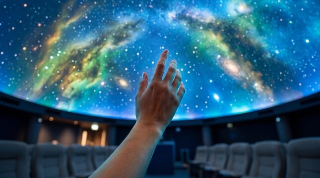 Womans hand reaching toward starry nebula projection in planetarium dome. Immersive astronomy experience exploring space wonders. International planetarium day concept for science education