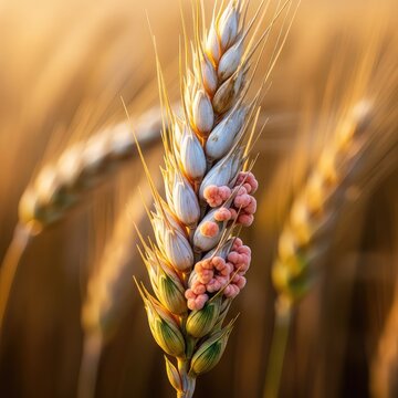 Close up view of wheat head infected with fusarium blight showing bleached spikelets and fungal growth on a golden grain ear in the field, nature, plantation, farming