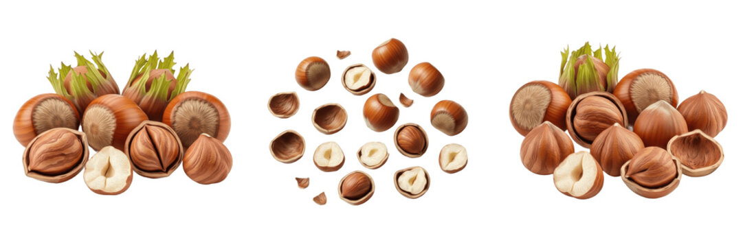 Set and collection of sliced hazelnut seeds isolated on white background
