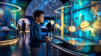 Fototapeta premium African American boy exploring interactive solar system exhibit in planetarium. Educational astronomy experience for kids on International Planetarium Day