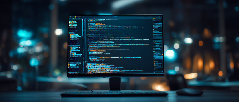 Senior Software Engineer Working on Complex Code in Modern Dark Office Environment