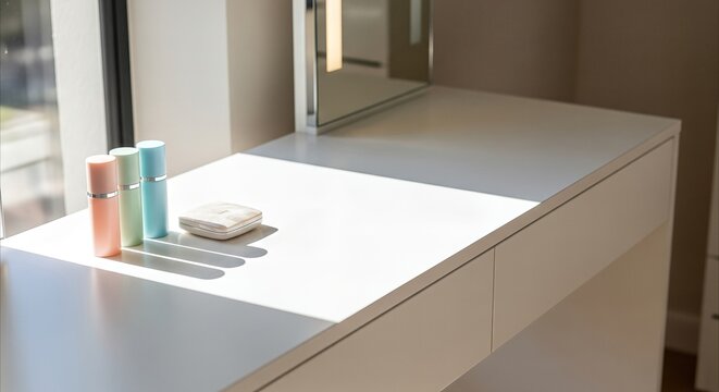 Modern white vanity table with pastel cosmetics and natural light, creating a serene and elegant personal beauty space.