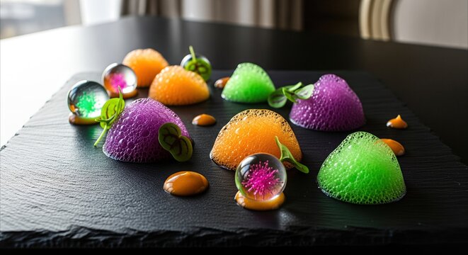 Molecular Gastronomy Dish with Vibrant Foams and Spherification on Black Slate in Upscale Restaurant