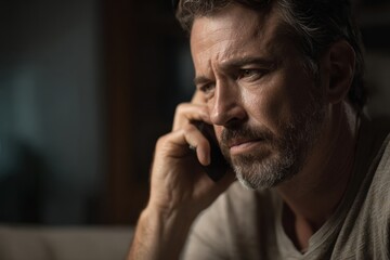 Obraz premium Father in Distress on Phone, Reporting Missing Person During Late Night Hours in His Dimly Lit Living Room