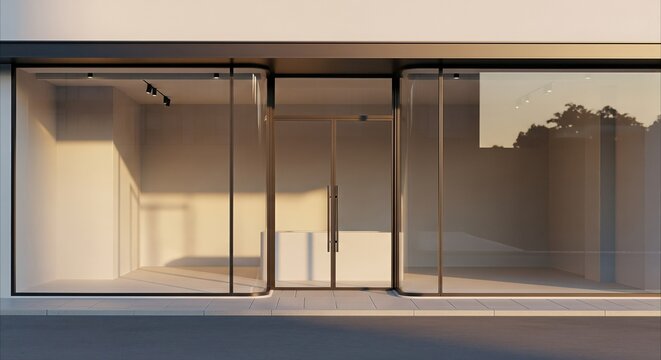 Minimalist empty retail store facade with large glass windows and modern lighting during golden hour
