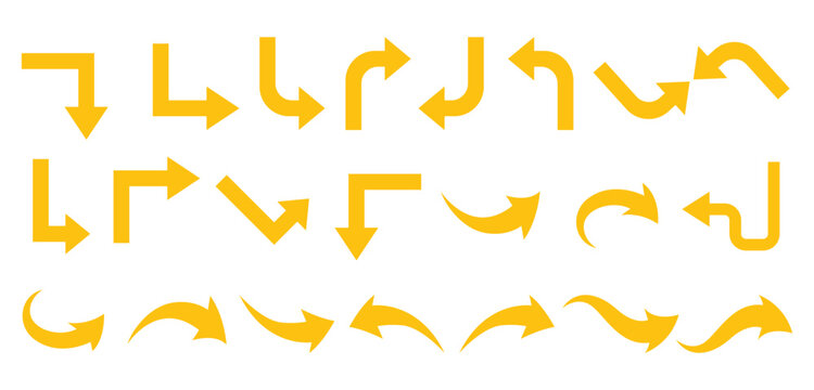 Set of yellow curved and angular arrows pointing in different isolated on transparent background