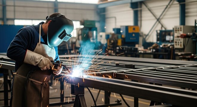 Skilled Welder Assembling Metal Components with Sparks Flying in Industrial Factory Production Line