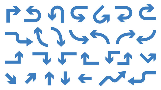 Light blue directional arrow set featuring diverse curves, isolated on transparent background