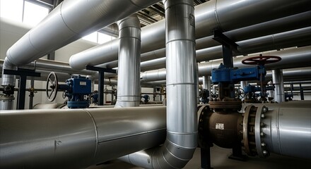 Naklejka premium Industrial pipeline system with valves in a bright, modern factory, representing energy and engineering