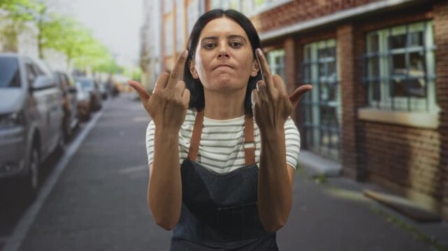 Woman wearing apron raises both middle fingers with bare hands and stern face, standing by parked cars and brick storefront on a street; defiance rebellion.