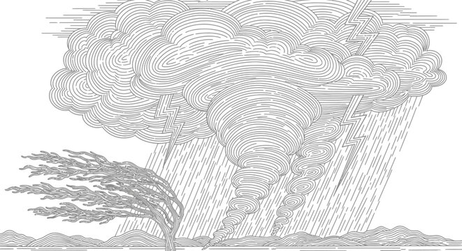 Powerful tornado and thunderstorm with heavy rain, lightning, and strong winds bending a tree, in detailed line art style.