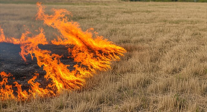 Dry grass fire spreads across a parched field, symbolizing environmental danger and urgent need for climate action, with copy space