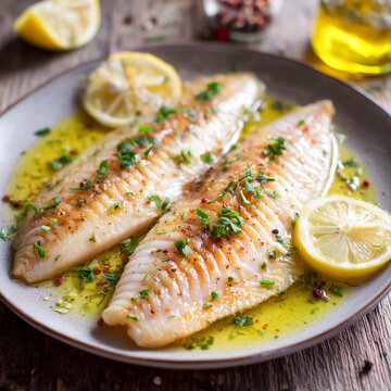 Delicious grilled white fish fillet served with lemon butter sauce, fresh parsley, and spices on a plate. Healthy Mediterranean seafood dish, gourmet lunch or dinner photography