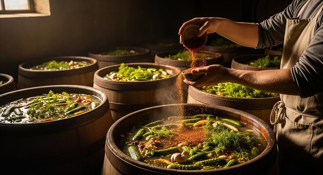 Artisan adding spices to cucumbers in brine for traditional pickle fermentation in rustic wooden barrels