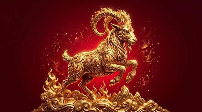 Golden ornate goat statue with flaming horns and intricate patterns standing on cloudy mountain base. Festive asian tradition and horoscope concept illustration