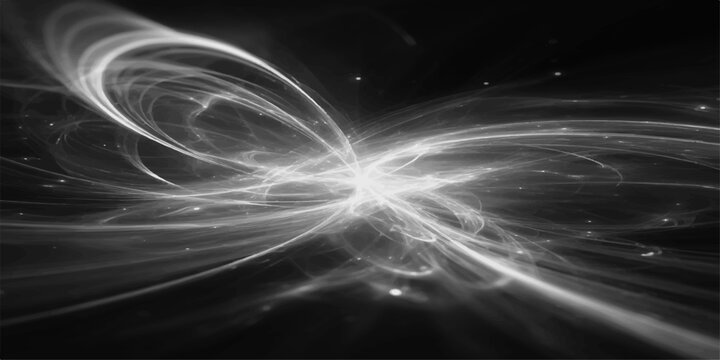 Abstract swirling energy bursts forth in a dynamic display of ethereal beauty, as radiant light and shadow dance across a deep black void.