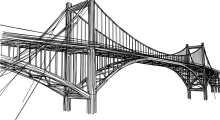 Fototapeta premium Architectural wireframe rendering of a massive suspension and arch bridge structure. Engineering sketch in black and white.