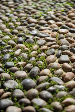Stone pavement texture background. Brick road surface pattern. Rough paving stones background. Urban sidewalk texture. Stone road background.