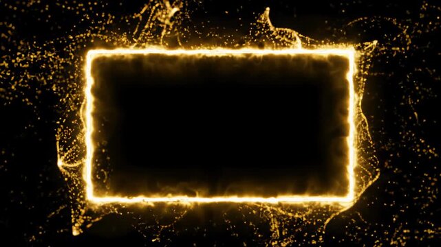 A luxurious 3d animation: intensely luminous golden particles coalesce elegantly in an absolute black void, forming a sleek rectangular frame, then dissolving. Concept of premium quality reveal