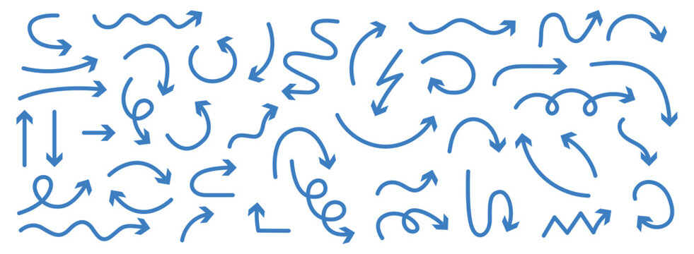 Set of hand-drawn blue arrows with various curvy and zigzag isolated on transparent background