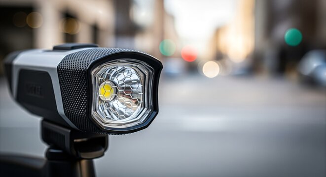 Modern LED bicycle headlight with hexagonal lens pattern and textured casing, offering advanced cycling safety and visibility in urban environments.