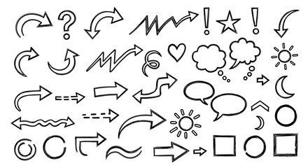 Fototapeta premium Hand drawn doodle arrows speech bubbles shapes and symbols, Generative AI.