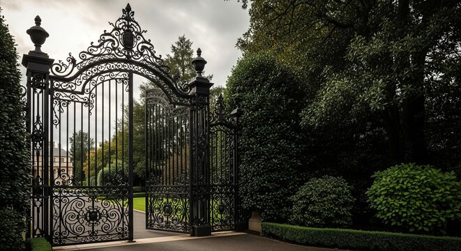 Ornate cast iron gates open to an upscale estate entrance, suggesting luxury and exclusivity under overcast skies.