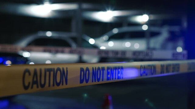 Police do not enter tape at night with cars and red and blue flashing lights demonstrates restricted access site security and incident atmosphere with focus on warning message