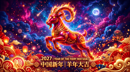Fototapeta premium Fiery red goat leaping amid fireworks and lanterns in starry night sky. Chinese New Year 2027 zodiac symbol of fire sheep with ornate
