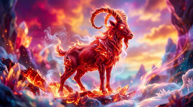 Fiery red goat standing majestically on rocky mountain with flames and glowing crystals. Mythical fire sheep in fantasy sunset landscape. Symbol of 2027 Chinese zodiac year of the fire goat