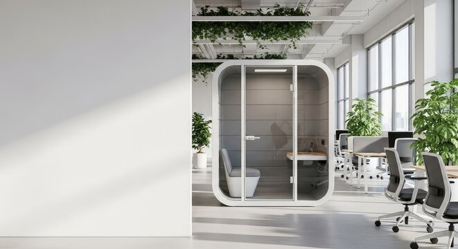 Sleek soundproof acoustic pods in a modern hybrid office layout featuring bright open spaces, ergonomic furniture, and indoor greenery, smart, plants, modular